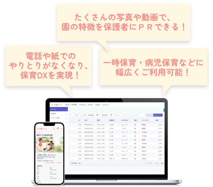 たくさんの写真や動画で、園の特徴を保護者にPRできる！ 電話や紙でのやりとりがなくなり、保育DXを実現！ 一時保育・病児保育などに幅広くご利用可能！